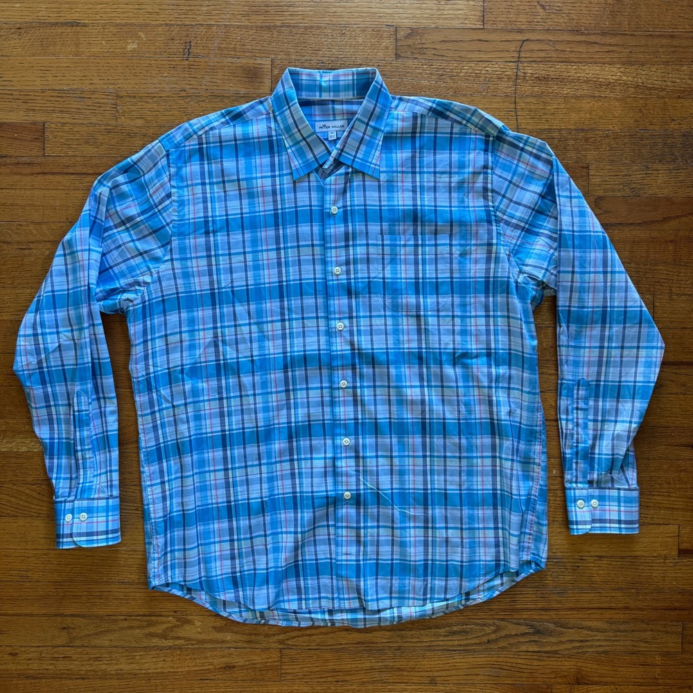 Peter Millar Mens XL Plaid Long Sleeve‎ Button Up Shirt Blue Pink White